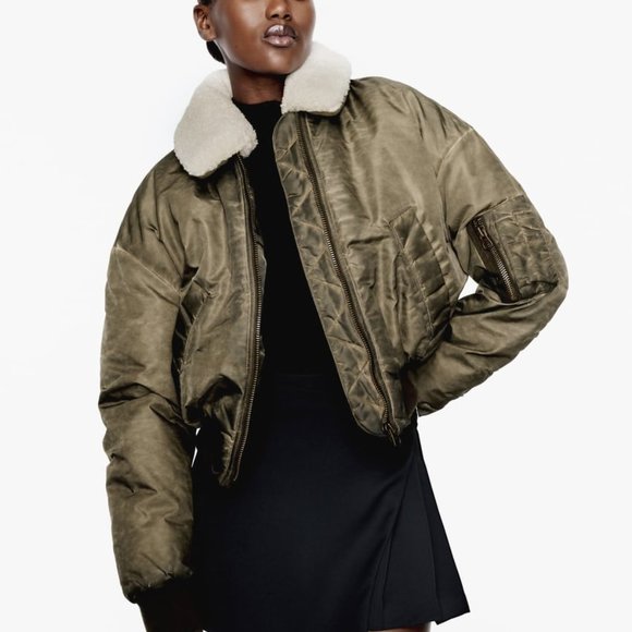NWT ZARA DISTRESSED EFFECT NYLON BOMBER KHAKI - Picture 2 of 6